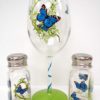 Butterfly Wine Glass Set - Butterfly salt and pepper shakers - painted glass - Combo wine glass and salt and pepper shaker set