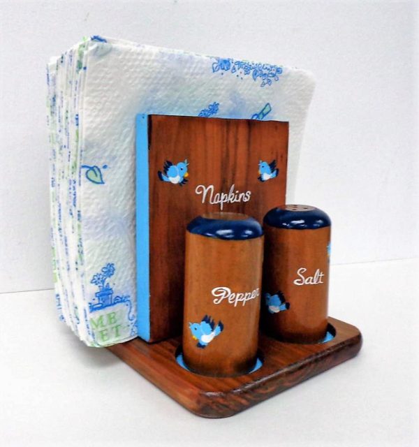Blue Bird Wooden Napkin Holder with shakers - hand painted - salt shaker