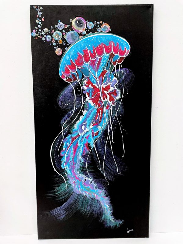 Deep Descent - series, fluorescent Ocean Jellyfish Original Canvas Painting