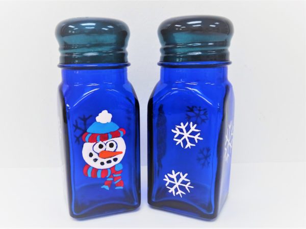 Hand Painted Glass Snowman Blue Tinted Salt and Pepper Shakers