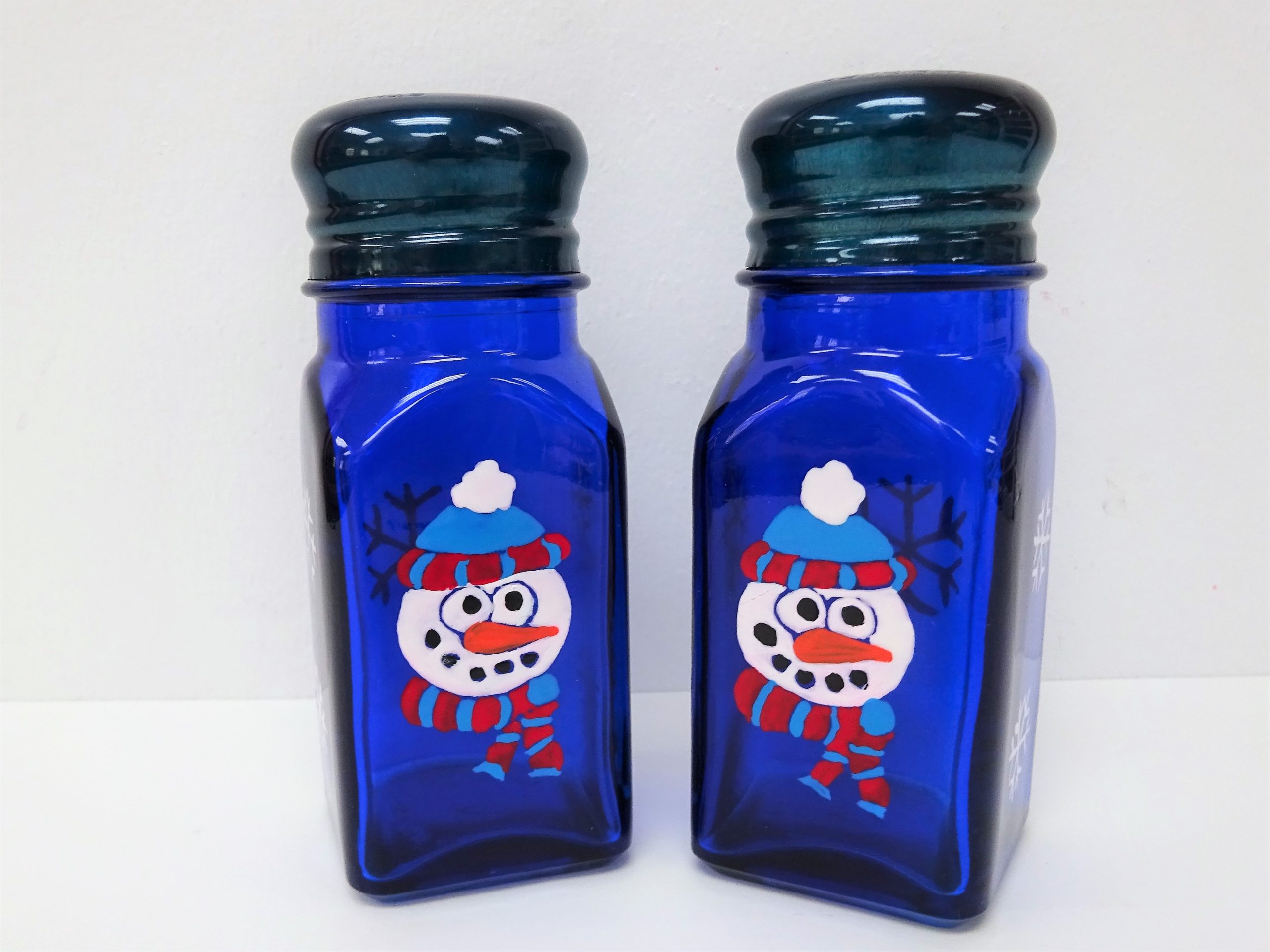 Hand Painted Glass Snowman Blue Tinted Salt and Pepper Shakers