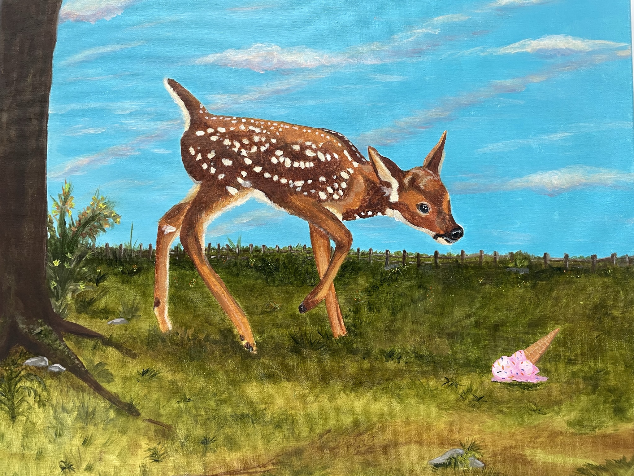 Ice Cream Surprise Deer Original Acrylic Canvas Painting